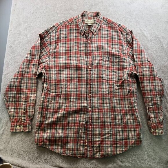 Eddie Bauer Mens Shirt Size LT Plaid Long Sleeve Button Down Linen Blend Red - Picture 8 of 9